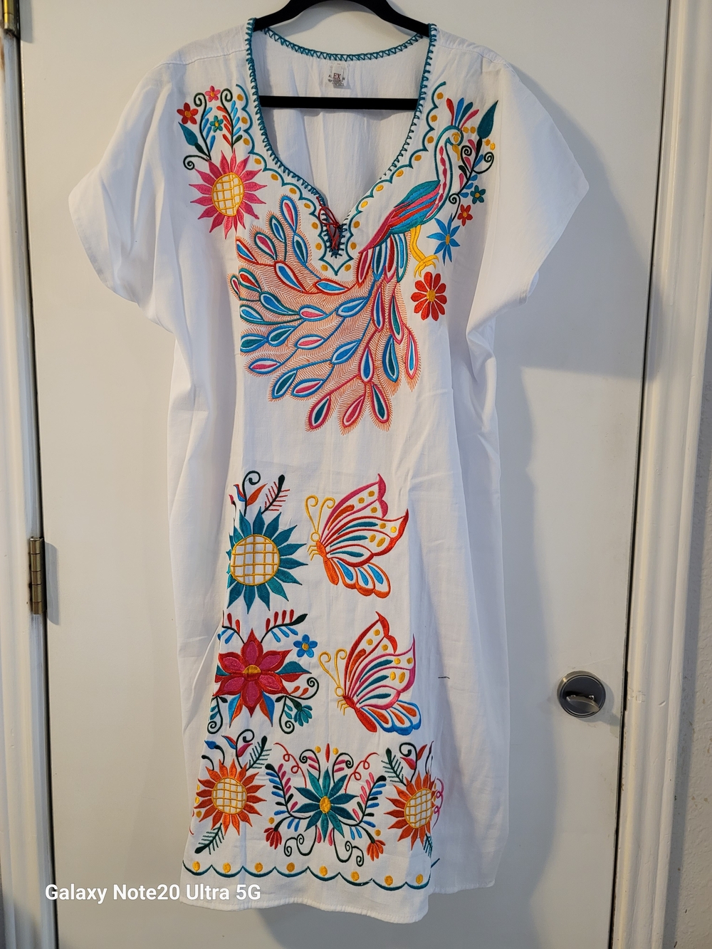 White Embroidered Midi Dress with Multicolor Floral & Bird Motif